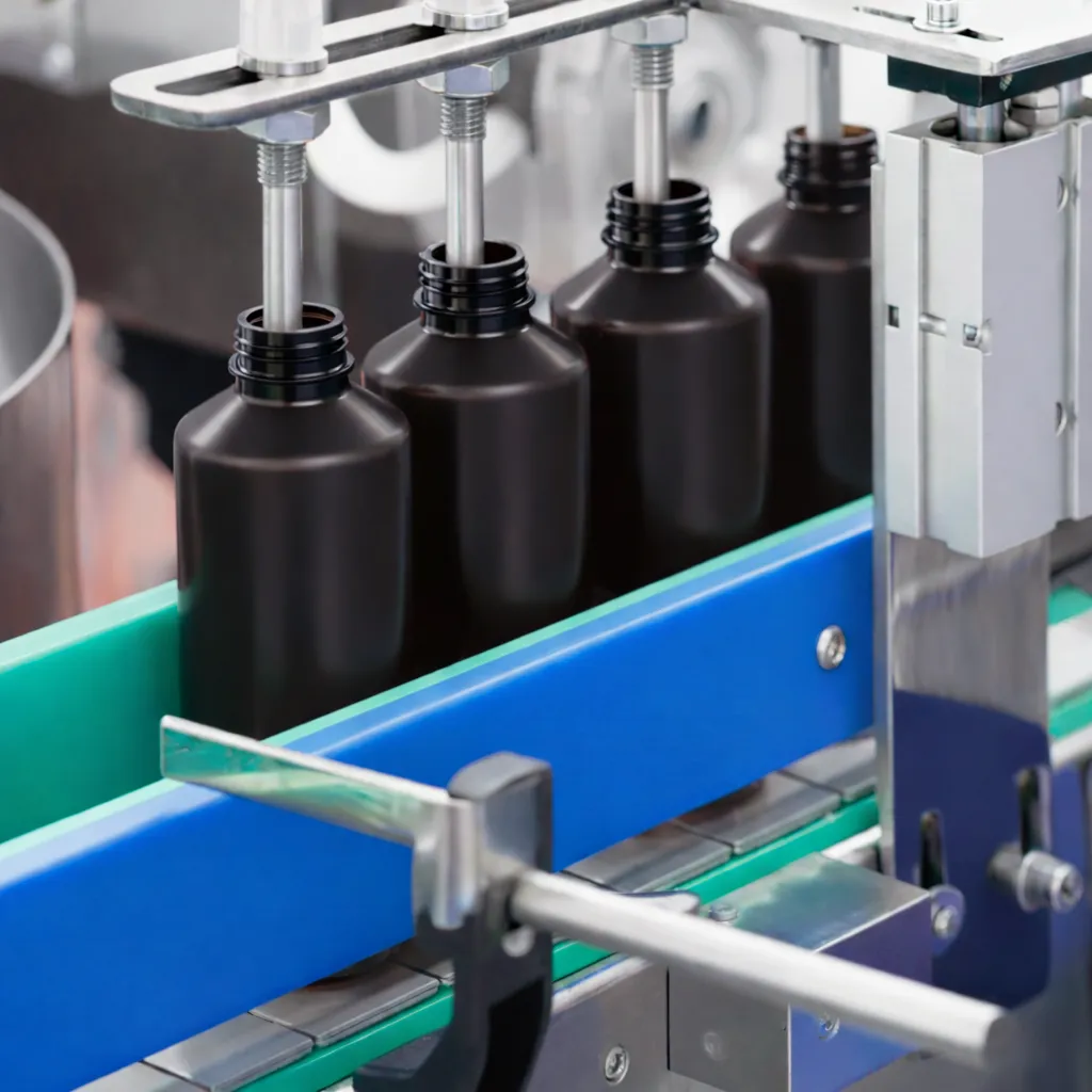 Lumigen Chemiluminescent Reagent bottles being filled in manufacturing facility Lumigen Chemiluminescent Reagent bottles being filled in manufacturing facility